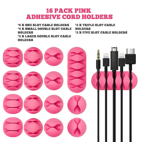 PERFORMORE 16 Pack of Cable Clips Cord Organizer, Pink Self-Adhesive Cord Holders for Cable Management, Multipurpose Wire Charger Organizer Clips for Home, Office, Car, and Desks