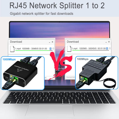 Gigabit Ethernet Splitter 1 to 2 - RJ45 Internet Splitter Adapter with USB Power Cable, 1000Mbps High Speed for 2