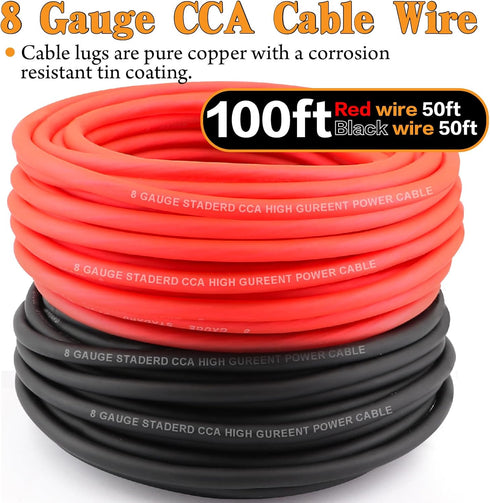 AWG 8 Gauge Wire Cable - 50ft Each (Black/Red) Copper Clad Aluminum CCA with 8ga terminals, 60A ANL Fuse Block for