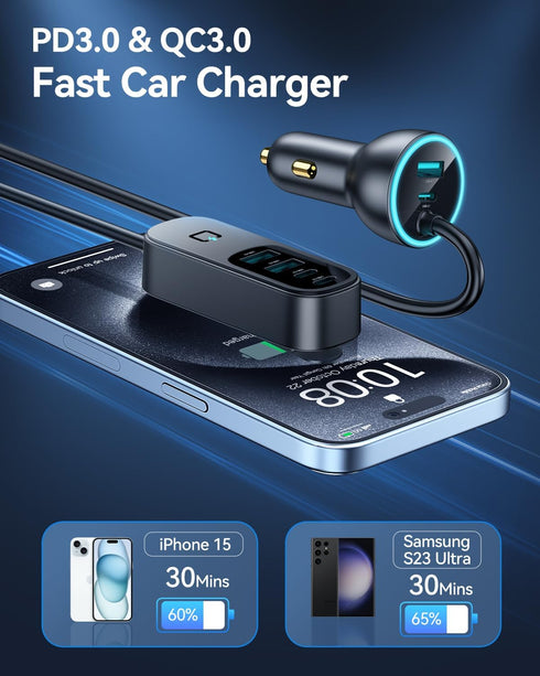 Rocoren 105W USB C Car Charger 6-Port for Family Travel, PD 35W & QC3.0 30W Super Fast Charging for Multiple Devices