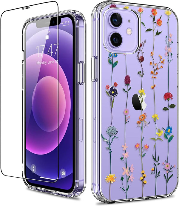 GiiKa iPhone 12 Case with Screen Protector, Clear Floral Shockproof Hard Case with TPU Bumper for iPhone 12