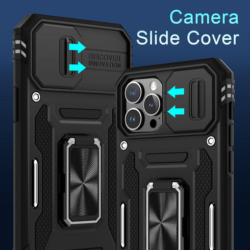 DEERLAMN for iPhone 12 Pro Max Case with Slide Camera Cover+Screen Protector(1 Pack),Rotated Ring Kickstand Military Grade Shockproof Protective Cover 6.7 Inch-Black