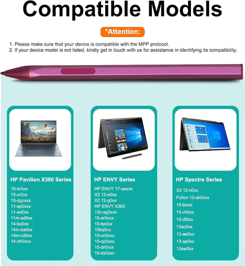 Stylus for HP Envy X360, Pavilion x360, Specter X360, Rechargeable MPP 2.0 Tilt Pencil with 4096 Pressure Sensitivity