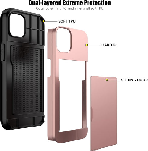 iPhone 13 Pro Case - Nvollnoe with Card Holder Heavy Duty Protective Dual Layer Shockproof - Rose Gold