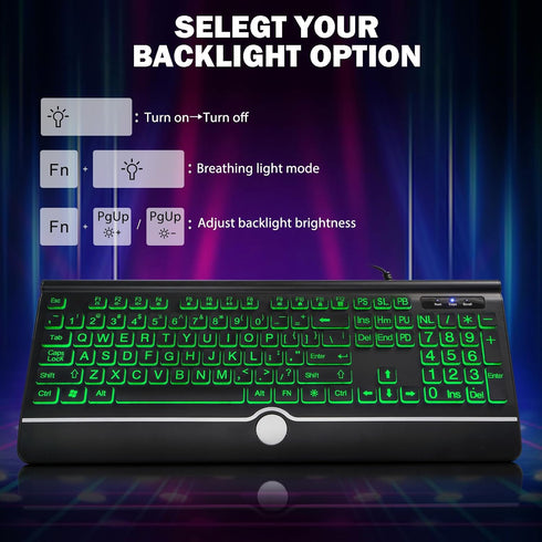 Wired Gaming Keyboard, Full-Size 7-Color Backlit with Wrist Rest, USB Plug-and-Play for PC, Laptop