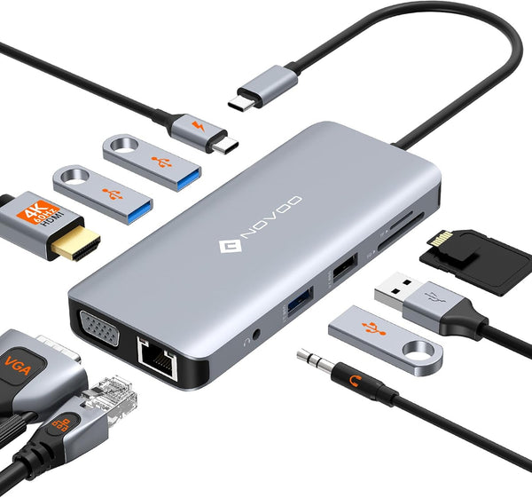 NOVOO USB C Hub, 11-in-1 Docking Station with 4K HDMI, VGA, Gigabit Ethernet, 100W PD, for Type-C Devices