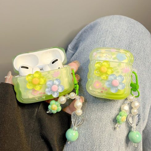 AirPods Pro Case with Cleaner Kit, Cute 3D Curly Wave Frame Flowers Design, Soft TPU Protective Shockproof Case for