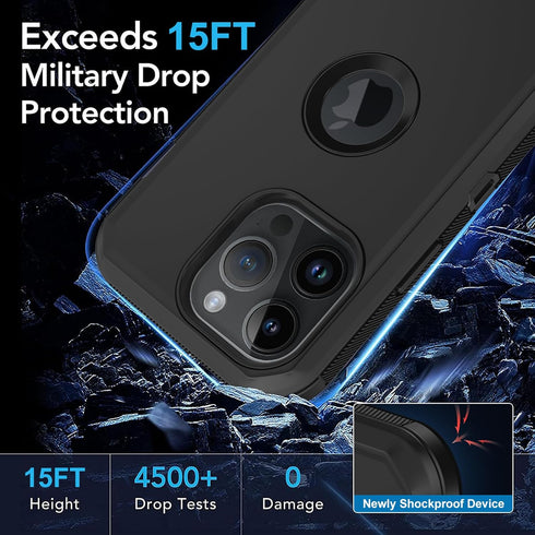 iPhone 15 Pro Case - Heavy Duty, Full Body Rugged, Built-in Screen Protector, Shockproof, Dustproof, Black, 6.1”