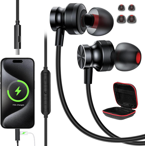 USB C Headphones with Charging for iPhone 15 Plus Pro Max, Samsung S24 S23 S22 A53 - Magnetic Wired Earbuds with Mic