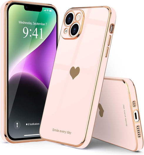 Teageo iPhone 14 Case for Women, Cute Love Heart Luxury Electroplate Plating Soft Bling Back Cover - Light Pink