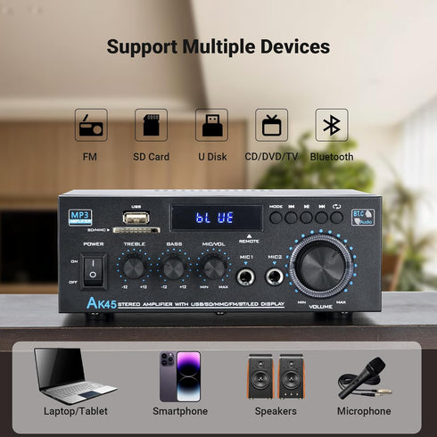 Stereo Receiver & Amplifier Home Audio Amp - AK45 Bluetooth Amplifier for Passive Speakers, 300Wx2, Bluetooth 5.0, 2
