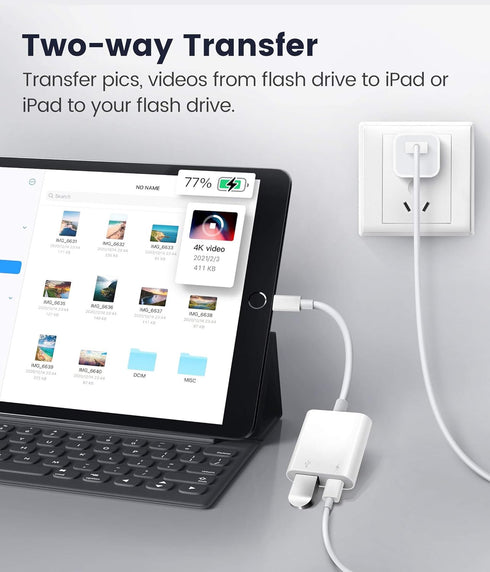 USB Adapter for iPhone/iPad, Lightning to USB Female OTG Adapter, USB3 with Charging Port, Supports Flash Drives