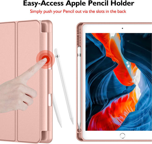 iPad 9th/8th Generation Case - 10.2 Inch with Pencil Holder, Soft Baby Skin Silicone Back, Auto Wake/Sleep Cover (Rose