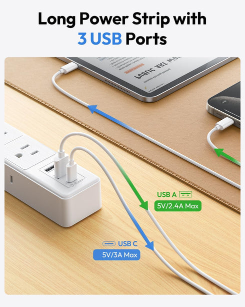 Flat Heavy Duty Extension Cord 15 FT - NTONPOWER Long Surge Protector Power Strip with 12 AC Outlets and 3 USB Ports