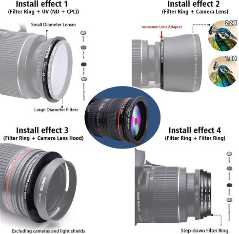 105mm to 95mm Camera Lens Adapter, Step-Down Ring for 95mm Filter Accessories