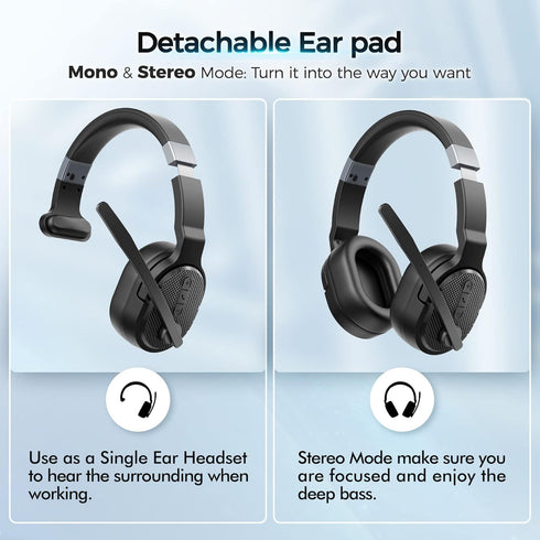 Trucker Bluetooth Headset, Wireless Headsets with Noise Cancelling Microphone, 40+Hrs HD Talktime