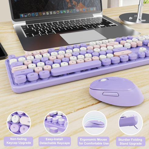 Wireless Keyboard and Mouse Combo, Ergonomic Full Size Typewriter Retro Round Keycaps, Compatible with Windows (Purple)