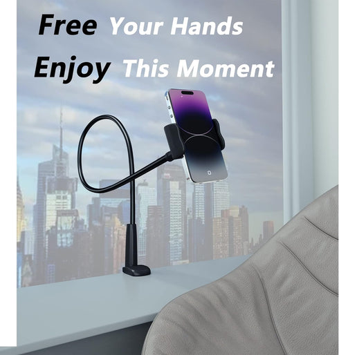 Cell Phone Clip Bed Stand Holder with Grip Flexible Long Arm Gooseneck Bracket Mount Clamp for Desk, Compatible with