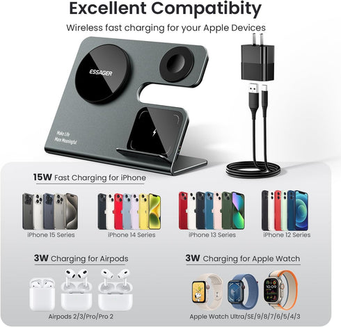 3 in 1 Magnetic Wireless Charging Station, 15W Aluminum Alloy Charger for iPhone 16/15/14/13/12 Series with 20W Adapter