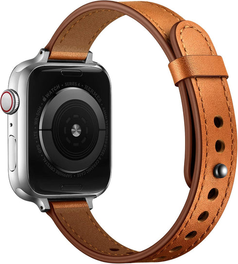 OUHENG Slim Bands for Apple Watch, 42mm 41mm 40mm 38mm, Women Genuine Leather Replacement Thin Strap (Brown/Silver)