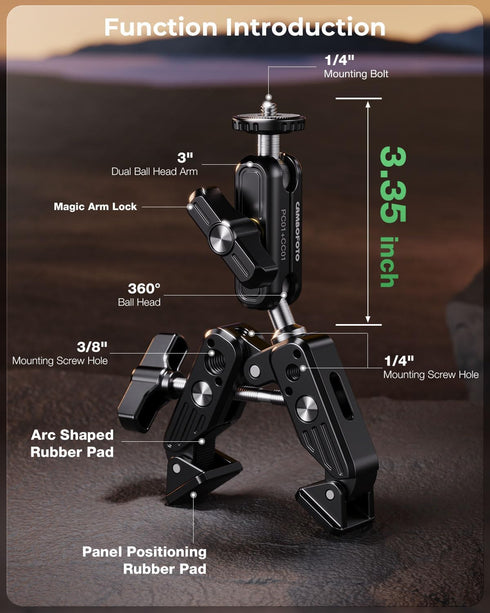 CAMBOFOTO 360 1/4"-20 3/8"-16 Camera/Gopro/Ronin-M/MOVI/Insta360/Tripod/Desk Super Clamp Camera Mount, Dual Ballhead