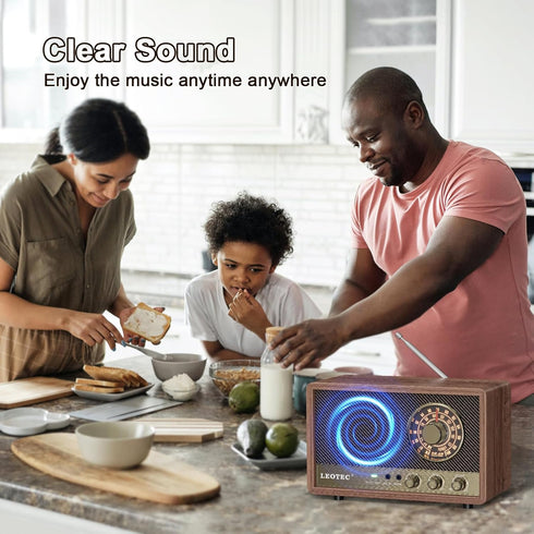 LEOTEC AM FM Radio, Retro Wood Table Radio, Portable Bluetooth Speaker with AUX and Headphone Jack, Brown