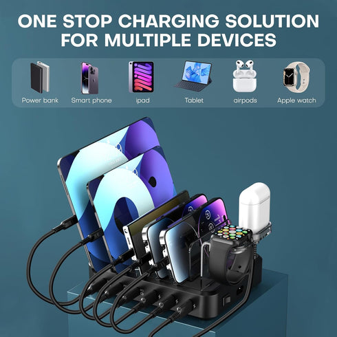 Charging Station for Multiple Devices - 75W 6 Port Charger with 3 PD 20W USB C Fast Charging Ports