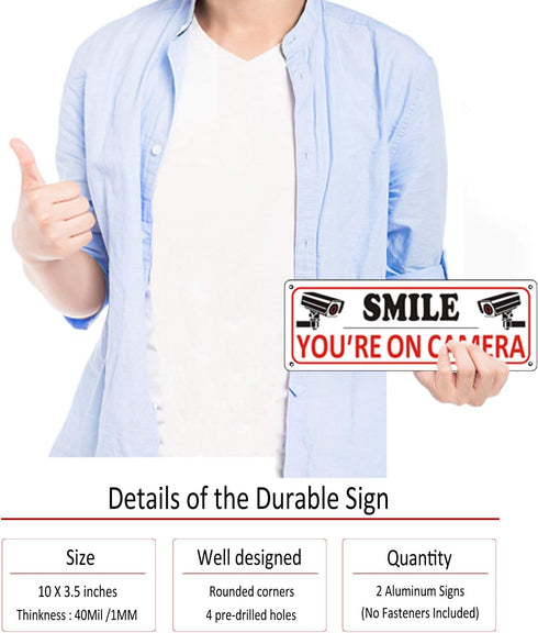 Smile You're on Camera Sign - 2 Pack Video Surveillance Signs, 10" x 3.5" Metal Camera Warning Sign