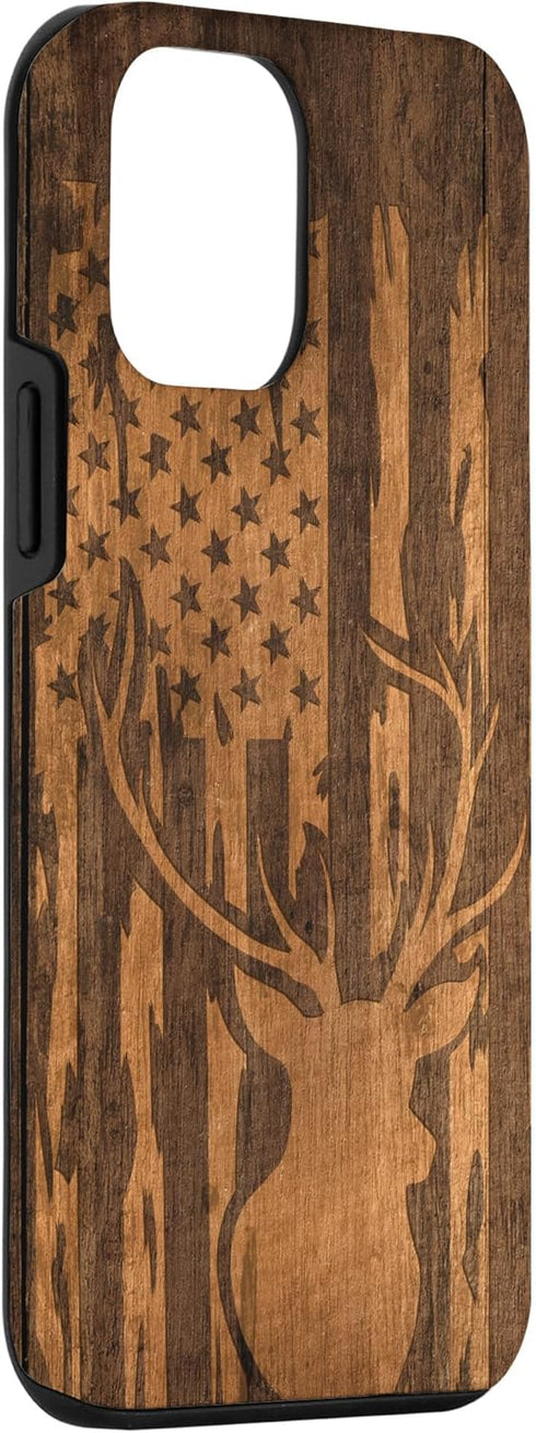 iPhone 12 Mini Case, Deer Buck with Flag on Wood-like Background