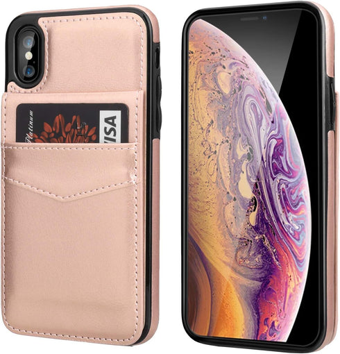 KIHUWEY Wallet Case for iPhone X/Xs - Premium Leather with Credit Card Holder, Heavy Duty Protective Cover (Rose Gold)