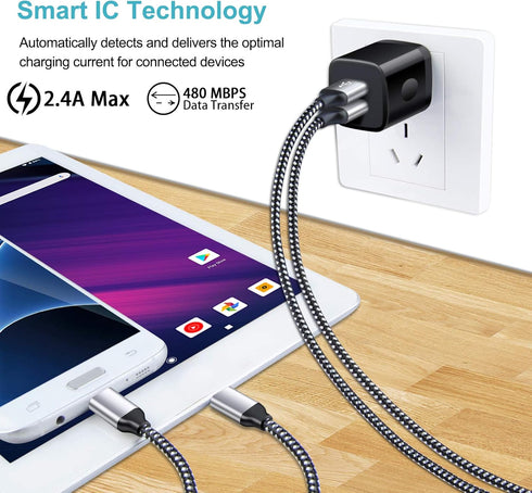 Android Charger, 2-Pack 2.1A Dual Port USB Charging Block with 6FT Fast Charging Micro USB Cable for Samsung Galaxy