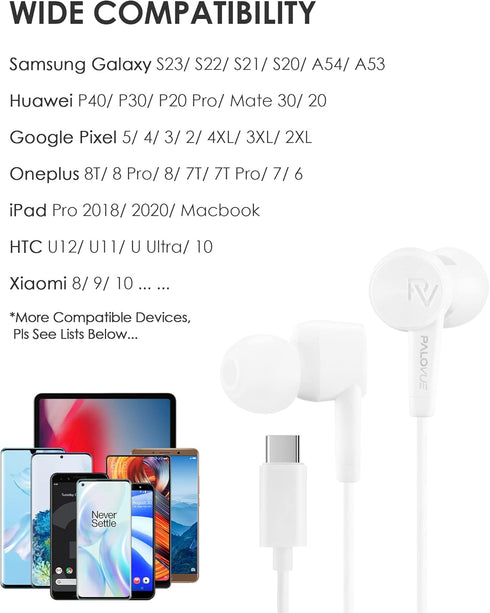 PALOVUE USB Type C Earbuds with Mic & Volume Control for Google Pixel, Samsung, OnePlus, Huawei, Sony, MacBook.