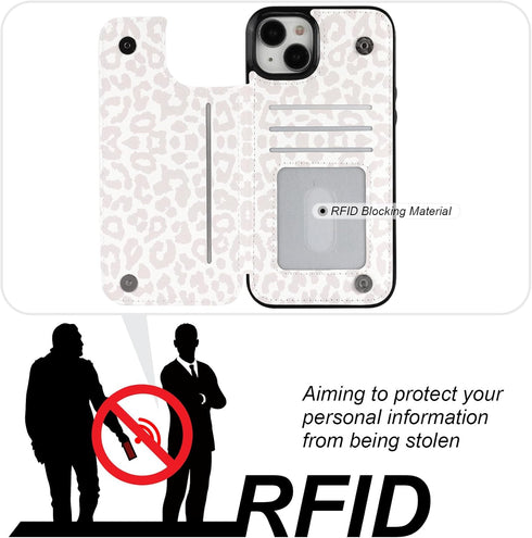 HAOPINSH iPhone 15 Plus Case Wallet with Card Holder, White Leopard Pattern Flip Folio PU Leather Case