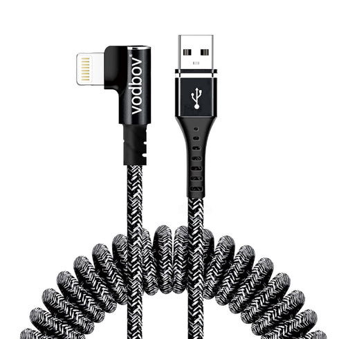 Anti Winding Coiled iPhone Charger Cord 2ft to 8ft Right Angle for iPhone 14/13/12 Plus, Pro, Pro Max,13 (Zebra Black)