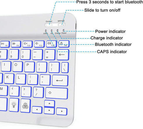 OMOTON Bluetooth Keyboard, Wireless Rechargeable Keyboard for iPad with Illuminated LED - White