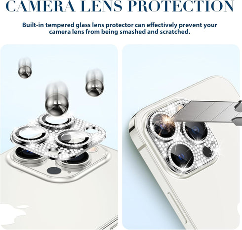 Goton Camera Lens Protector for iPhone 15 Pro Max & 15 Pro - Bling Glitter Diamond Metal, Tempered Glass, Silver.