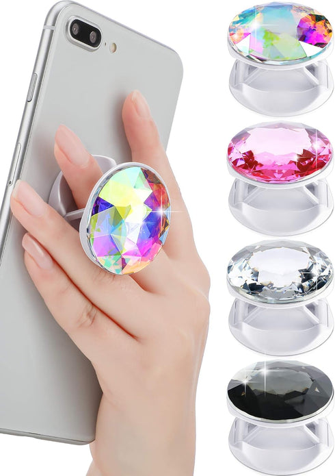 4 Pieces Disco Crystal Phone Grip, Collapsible Adhesive Holders for Smartphone and Tablets (White, Pink, Black, Rainbow)