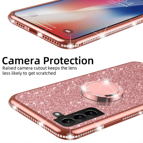 Samsung Galaxy S21 FE Case for Women, Cute Glitter Luxury TPU Silicone Slim Phone Case with Bling Diamond Ring Stand -
