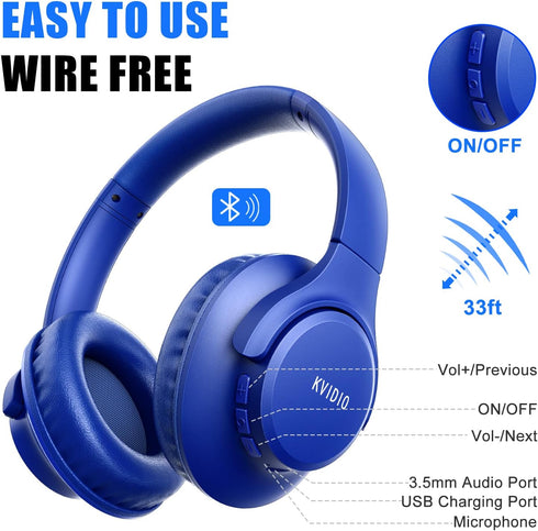 KVIDIO Updated Bluetooth Headphones Over Ear, 65 Hours Playtime, Wireless with Microphone, Foldable Lightweight, HiFi