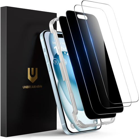 UNBREAKcable 4PCS Screen Protector for iPhone 15-2 Privacy Tempered Glass+2 Clear Glass