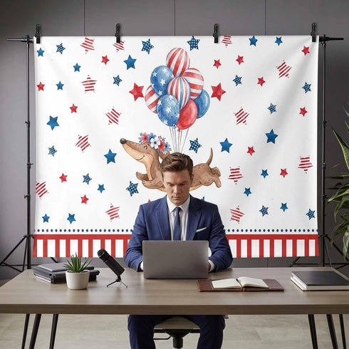 Generic 12 8 Independence Day Photo Backdrop for Photoshoot, x FT Flag Day Sausage Dog Blue Red Star Balloon Photo