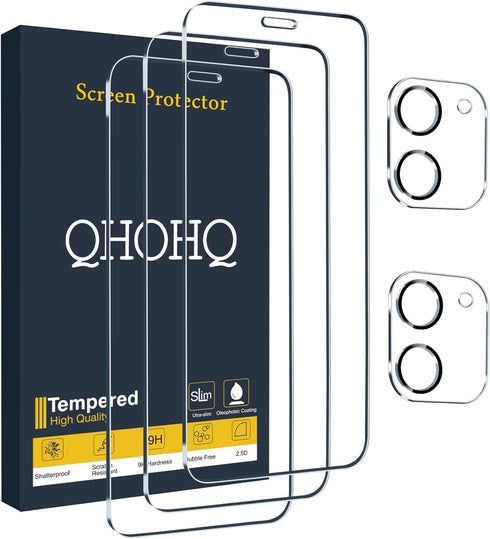 QHOHQ iPhone 12 Screen Protector 3 Pack, Ultra HD, 9H Hardness, Scratch Resistant, with 2 Tempered Glass Lens