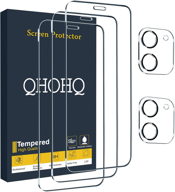 QHOHQ iPhone 12 Screen Protector 3 Pack, Ultra HD, 9H Hardness, Scratch Resistant, with 2 Tempered Glass Lens