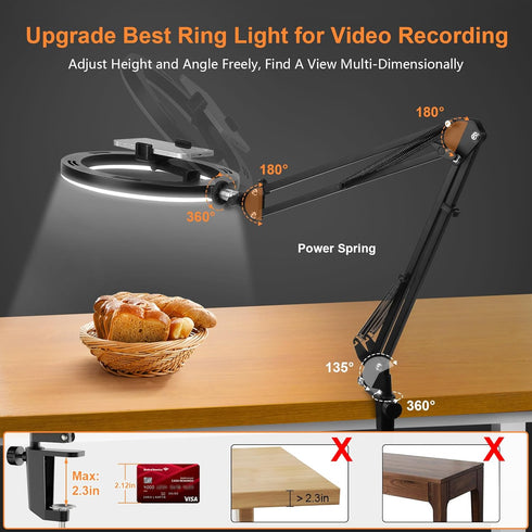 Evershop Upgrade Ring Light Overhead Phone Mount, 10” Circle LED Desk Ring Light with Stand for Video Recording