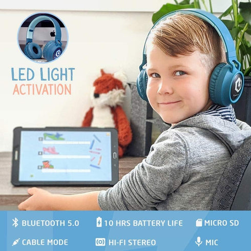 PowerLocus Bluetooth Headphones for Kids, Wireless Bluetooth Headphones, Kid Headphones Over Ear with LED, Foldable Headset with Mic,Volume Limited, Wireless/Wired Headphone for Phones,Tablets,Laptop