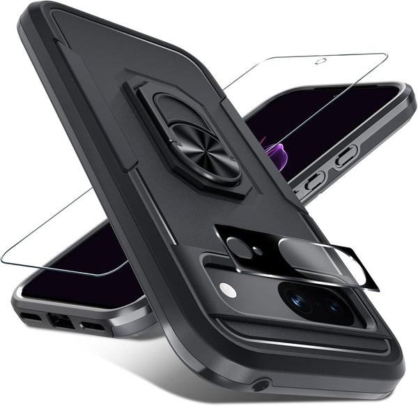 Shop Google Pixel 8a Case 2024: Heavy Duty Black Matte with Screen & Camera Lens Protectors, Rotatable Kickstand.