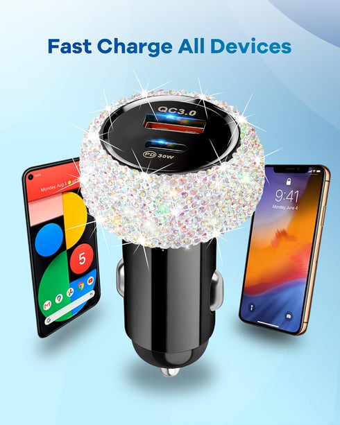 Bling USB C Car Charger, 48W PD + QC Dual Port Fast Charging Adapter with 3.2FT Cable