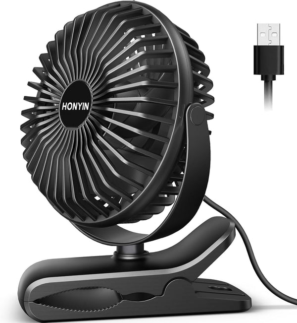 HONYIN 720° Rotation Small Desk Clip-on Fan, 3 Speeds Quiet Personal Cooling Fan for Bedroom and Office