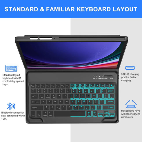 Keyboard Case for Samsung Galaxy Tab S9+ Plus 12.4 inch, 7 Colors Backlit, Magnetic Detachable, Bluetooth Connection,