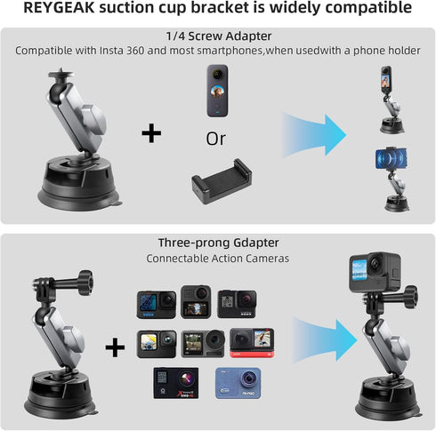 REYGEAK Suction Cup Car Mount with 1/4 Thread, 360° Rotation Windshield Mount for GoPro Hero 12 11 10 9 8 Insta360 X4 X3